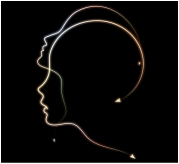 Overlapping profile silhouettes on black background